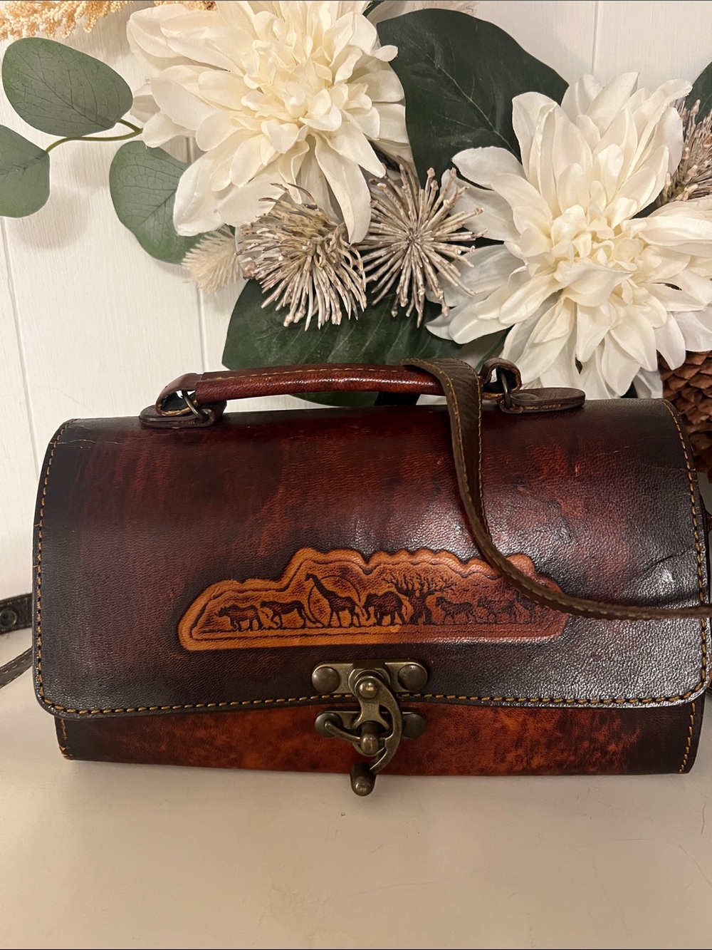 Gold Rock Brown Leather small Messenger Bag with Carved Wildlife Scene
